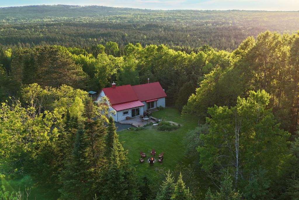 an aerial view of a house in the middle of a forest at Villa au toit rouge - Massif du Sud 