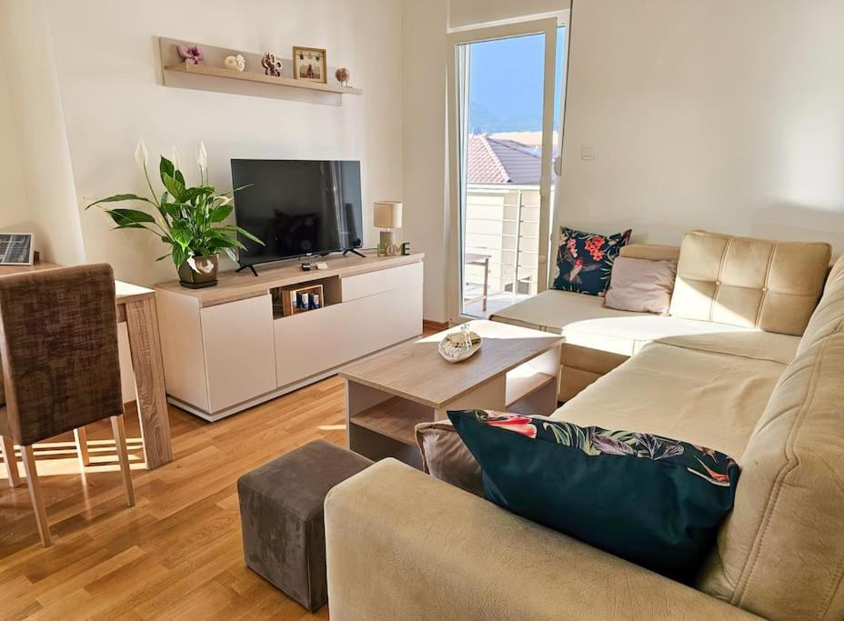 a living room with a couch and a tv at Blanc in Podgorica