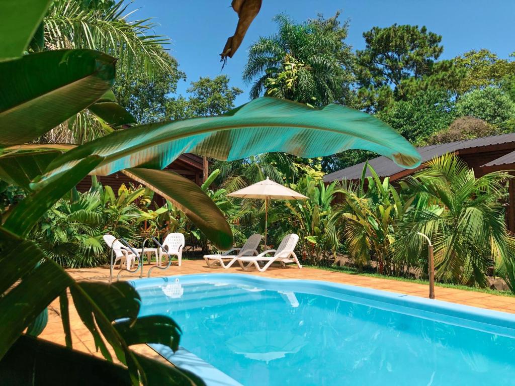 a swimming pool with two chairs and an umbrella at Terra Lodge in Puerto Iguazú