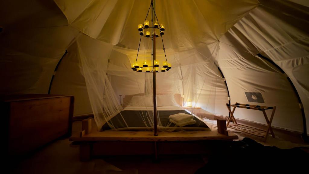 Una habitación con cama en una tienda en Paradise Ranch Inn - Liberated Tent, en Three Rivers