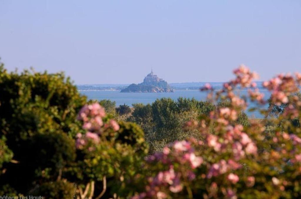 - une vue sur une étendue d'eau ornée de fleurs roses dans l'établissement Suite Eisenhower, vue Mont St Michel, avec balcon, à Champeaux