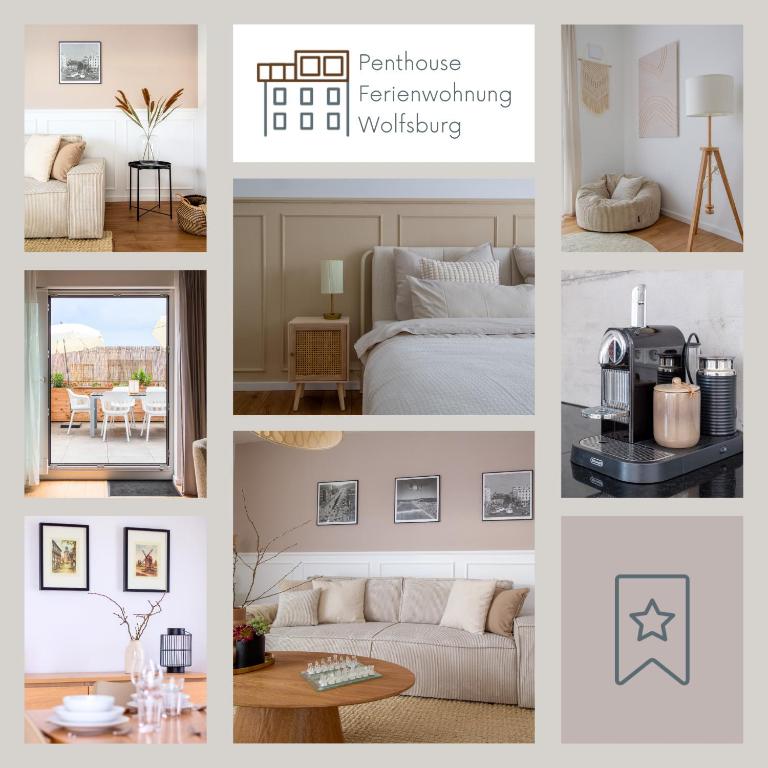 a collage of pictures of a bedroom and a living room at Penthouse-Ferienwohnung Wolfsburg mit Dachterrasse WLAN Smart-TV überdachter Parkplatz Wallbox in Wolfsburg