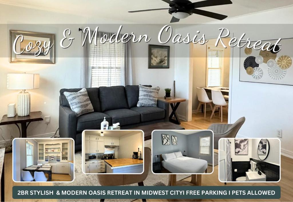 een collage van foto's van een woonkamer met een bank bij Cozy & Modern Oasis Retreat I Pets Allowed Lilac1 in Midwest City