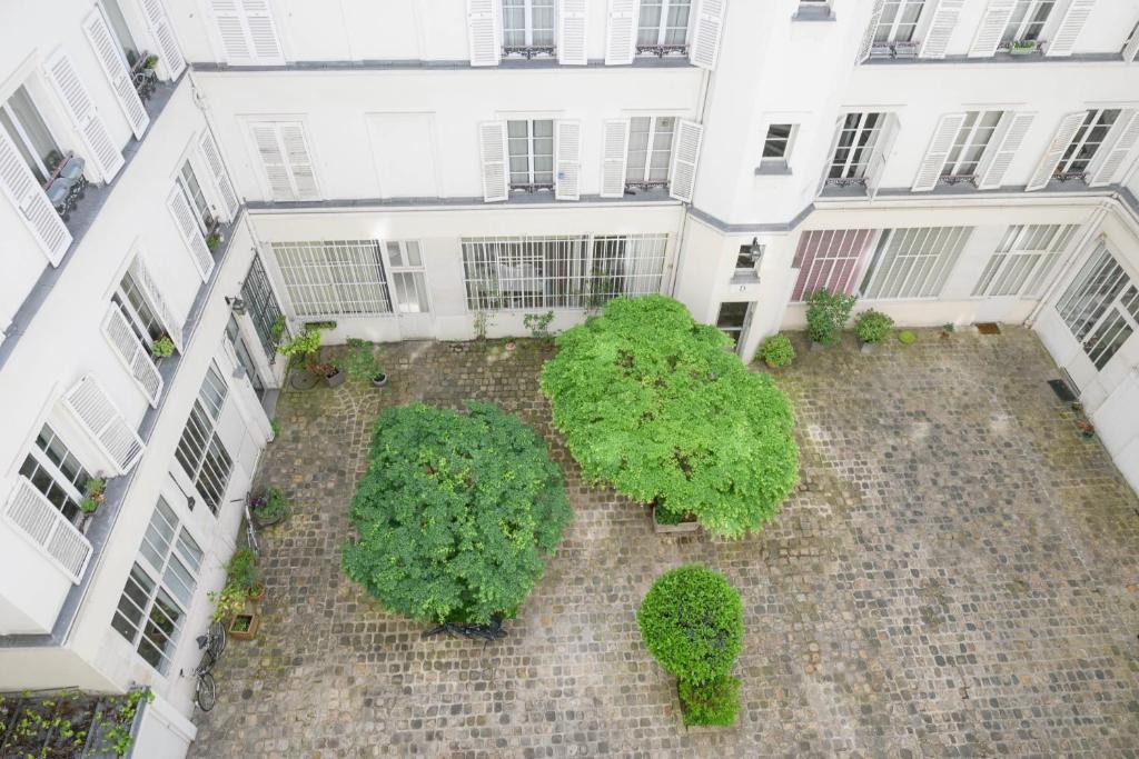 - une vue sur la cour dans un bâtiment arboré dans l'établissement Harmonie Intemporelle, à Paris