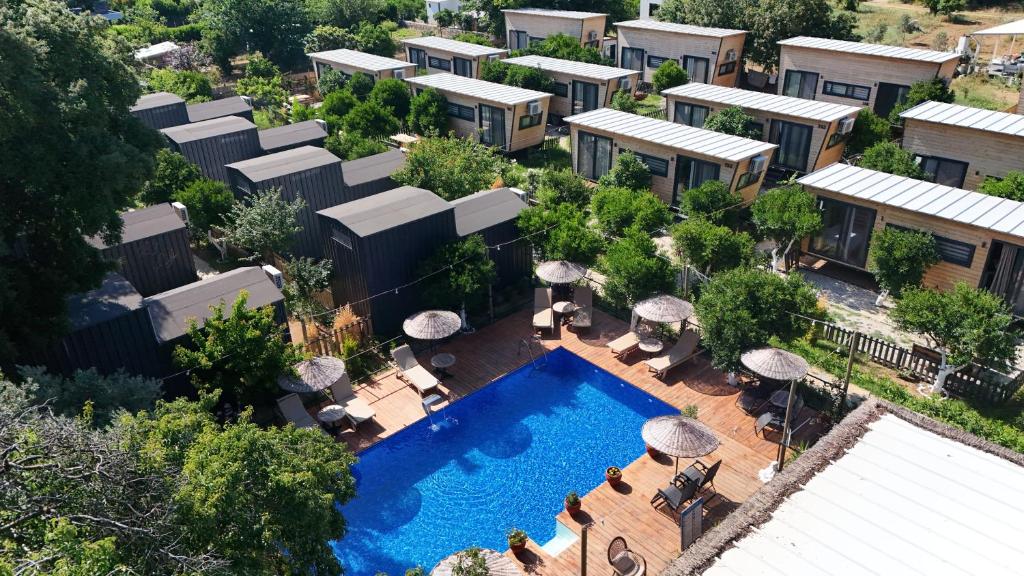 an overhead view of a pool with chairs and umbrellas at Gaia Tiny Houses Butik Hotel in Bodrum City