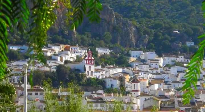 a small town with white houses and a mountain at Casa Rural La Verdura in Ubrique