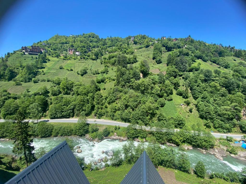 uitzicht op een rivier en een berg bij Sisorti süit bungalov in Rize