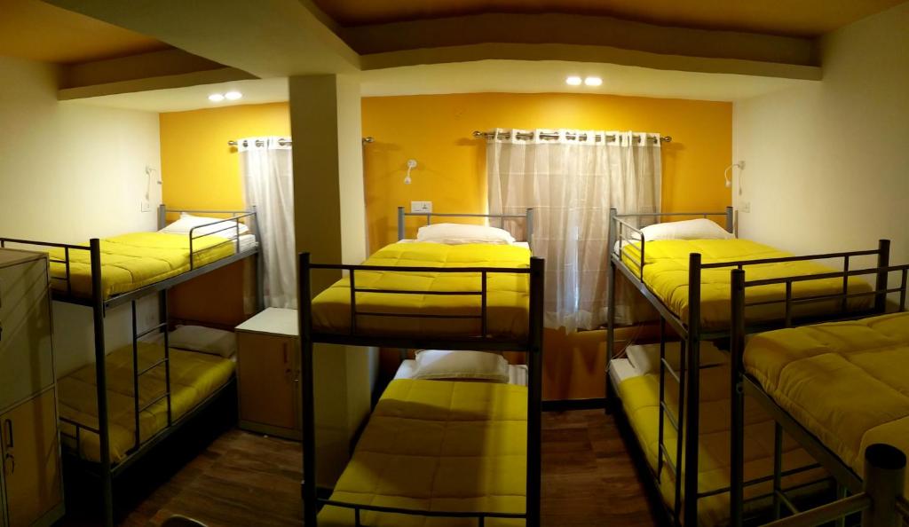 a room with four bunk beds in a room at Joey's Hostel Delhi - 20 mins from Railway Station in New Delhi