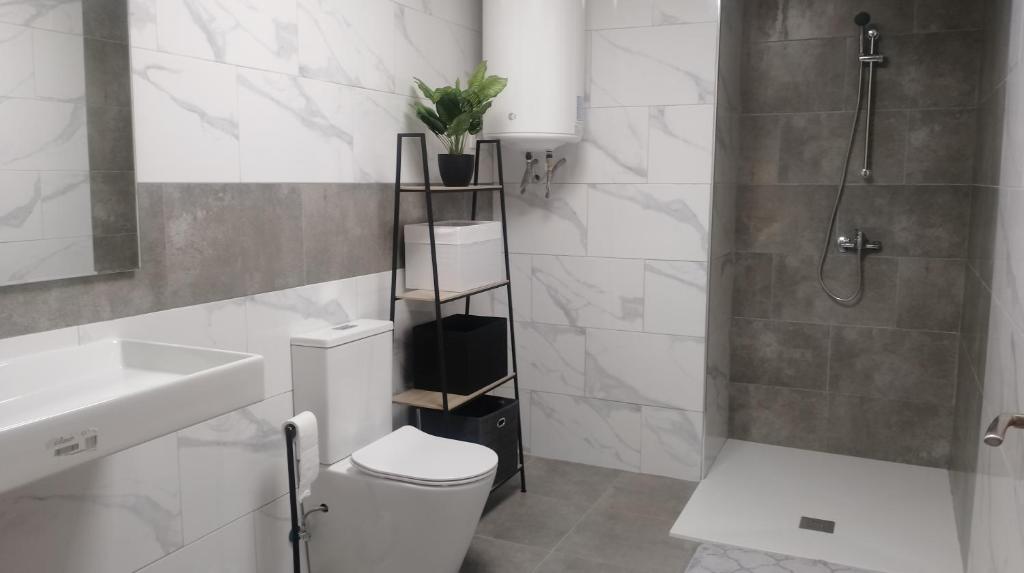 a bathroom with a toilet and a sink and a shower at Casa Samil in Vigo