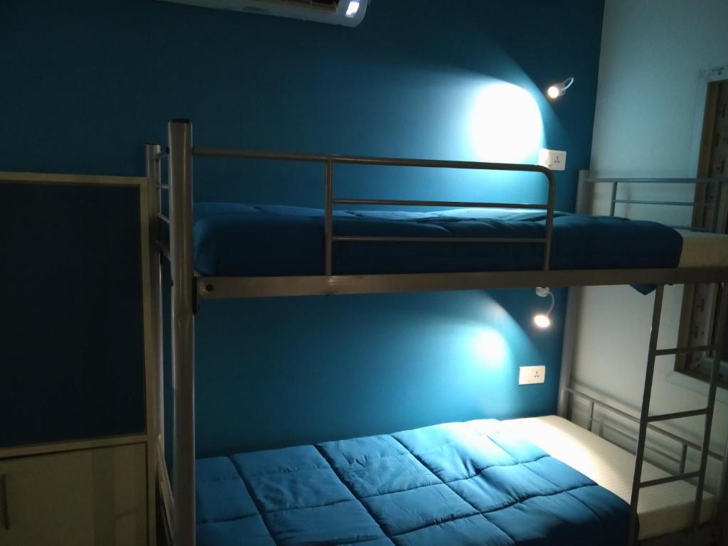 two bunk beds in a room with a blue wall at Joey's Hostel Delhi - 20 mins from Railway Station in New Delhi