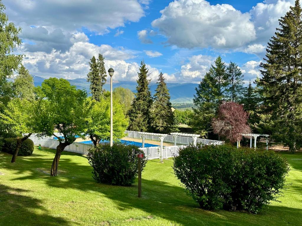 EnveitgにあるApartamento en Enveitg, Montana Parkの木々とスイミングプールのある緑の庭