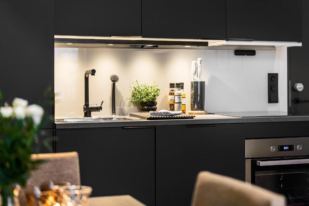 una cocina con armarios negros y fregadero en The APARTMENTS Company- Frogner en Oslo