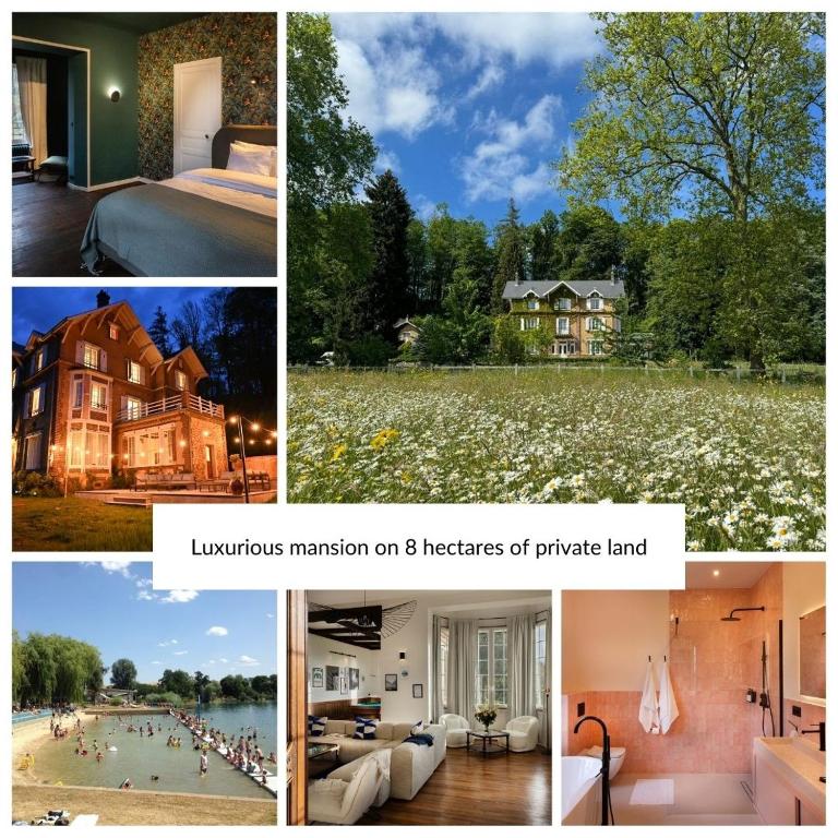 un collage de photos d'un manoir et d'une maison dans l'établissement Private Oasis: Luxe 20-guest Estate, Jacuzzi, 8 Ha, à Bazeilles