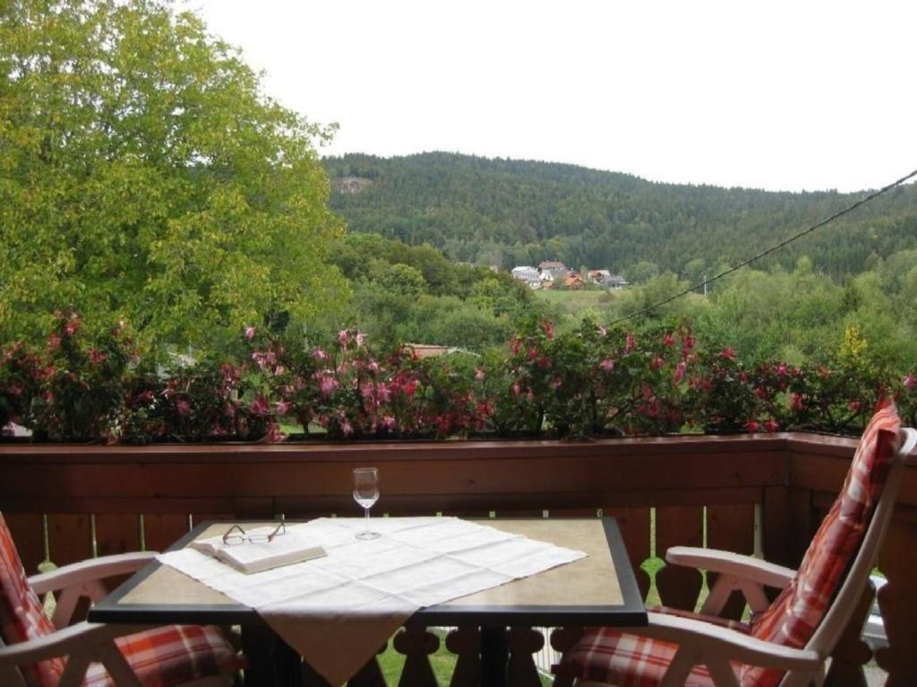 a table and chairs on a balcony with a view at Appartement in Wittenschwand mit Garten und Grill und Panoramablick in Wittenschwand