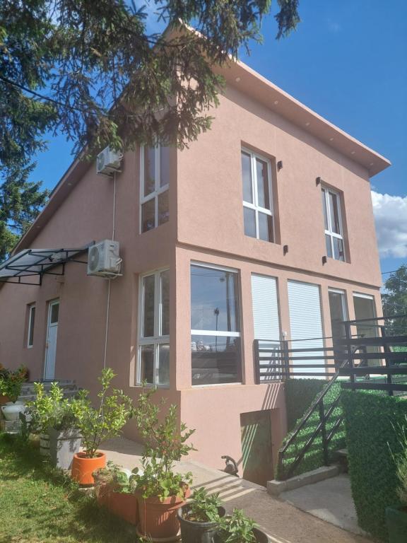 a pink house with plants in front of it at Sumska Vila Lisovic in Lisović