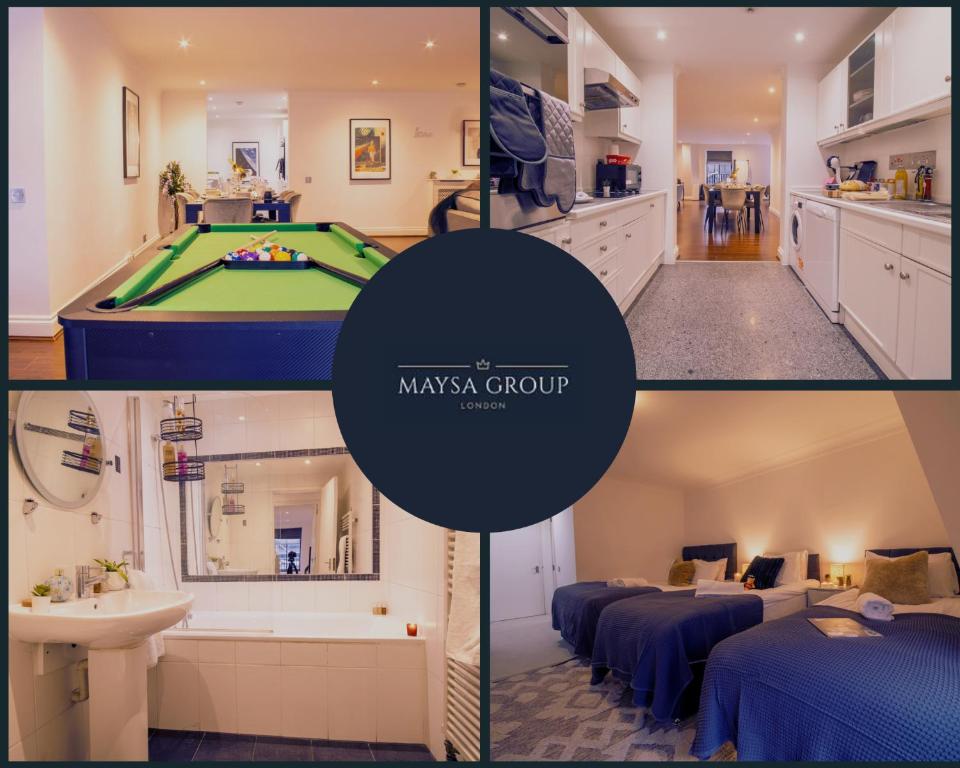 eine Collage mit vier Bildern eines Zimmers mit Billardtisch in der Unterkunft Luxurious Apartments in Mayfair in London