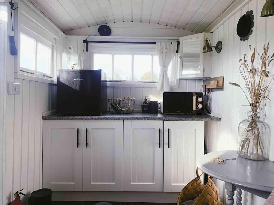 WestbourneにあるShepherds hut with Alpaca viewsの白いキャビネット、電子レンジ、テーブル付きのキッチンが備わります。