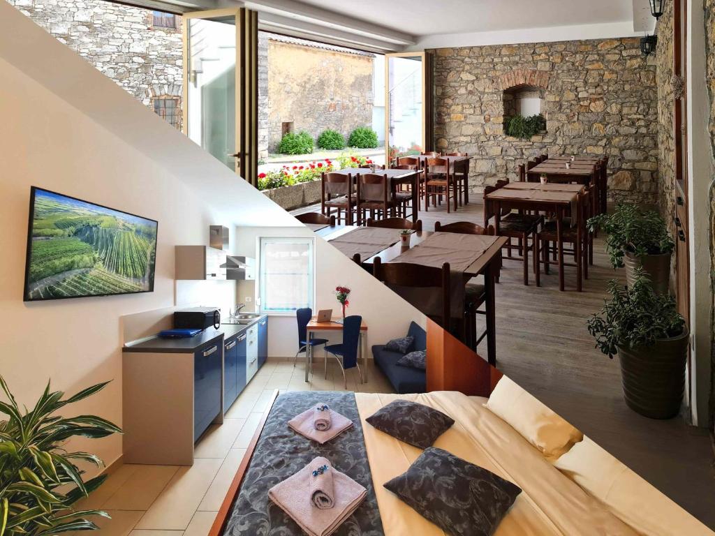 une salle avec des tables et des chaises ainsi qu'un restaurant dans l'établissement Restaurant & Apartments Getaway Pri Kobalu, à Vipava