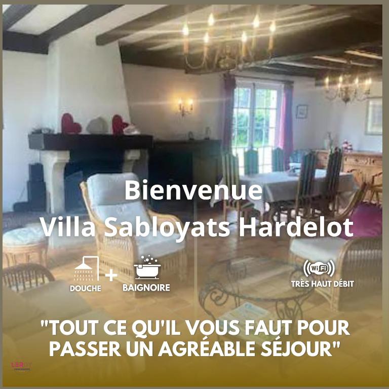 une affiche d'un salon avec un piano dans l'établissement Villa Sabloyats, à Neufchâtel-Hardelot