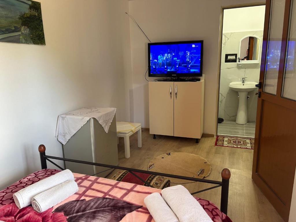 Postel nebo postele na pokoji v ubytování Bujtina Uji I Panjes, Log Cabins