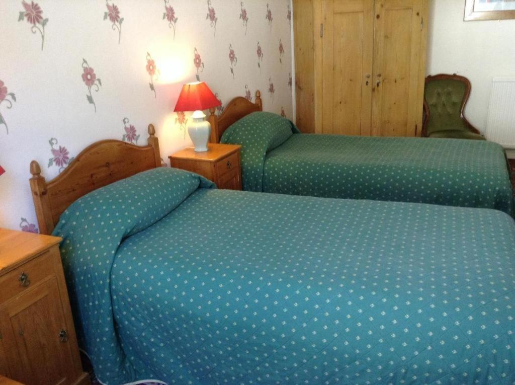a bedroom with two beds with green sheets and a lamp at Dolphin Hotel in Beer