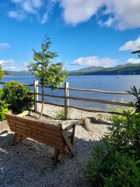 a wooden bench with a tree sitting next to a fence at Lochside cottage with scenic terrace views, Argyll in Clynder