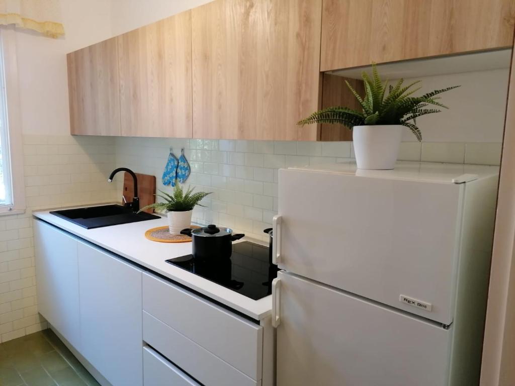 a kitchen with a white refrigerator with two potted plants at Immobile Vintage a Grado Pineta in Grado-Pineta