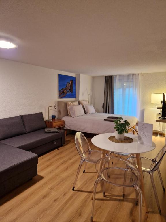 uma sala de estar com uma cama, uma mesa e um sofá em Studio SIEVA em Lausana