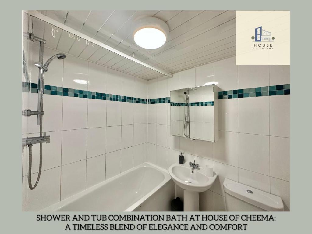 a bathroom with a shower and a sink and a tub at The Chambers Presents Long stay Offers in Leeds