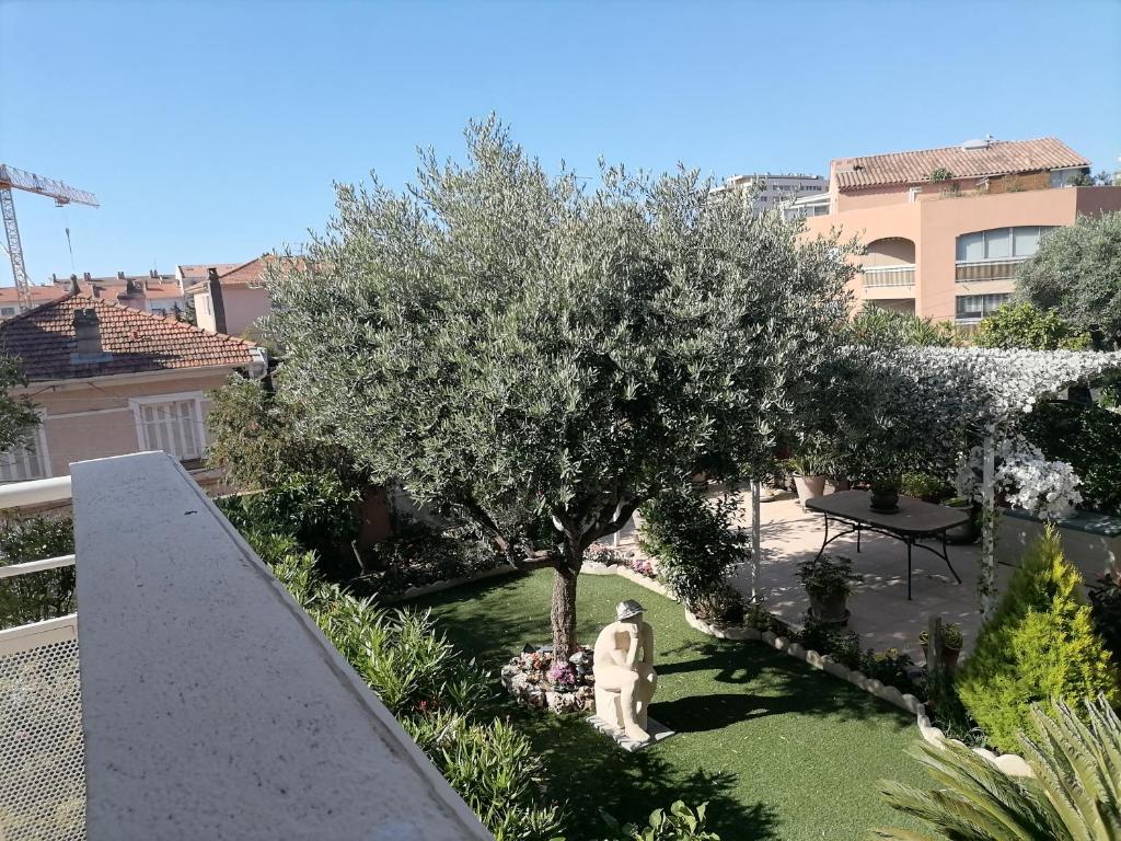 Elle offre une vue sur un jardin avec un arbre et une table. dans l'établissement Plein soleil et plage, à Fréjus