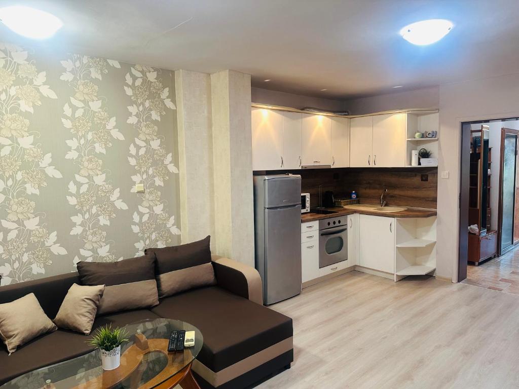 ein Wohnzimmer mit einem Sofa und einer Küche in der Unterkunft Lux Apartment Sisi in Burgas City