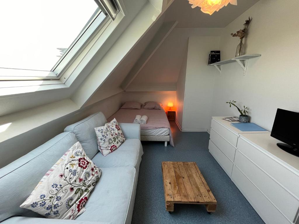 un salon avec un canapé et un lit dans l'établissement Studio Cosy avec Parking Privé, à Caen
