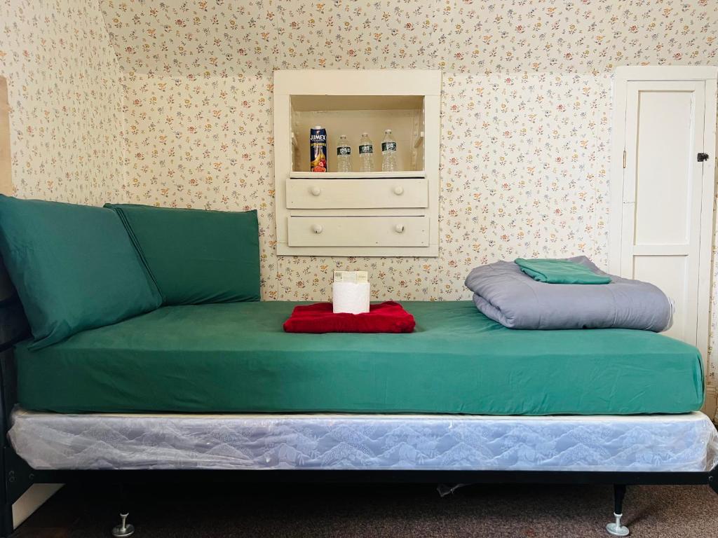 1 cama verde en un dormitorio con armario en Pacifico's Place "A", en Hartford