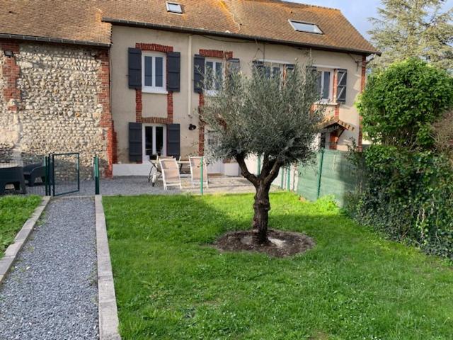 un arbre dans l'herbe devant une maison dans l'établissement La maison de l'olivier, à Poses