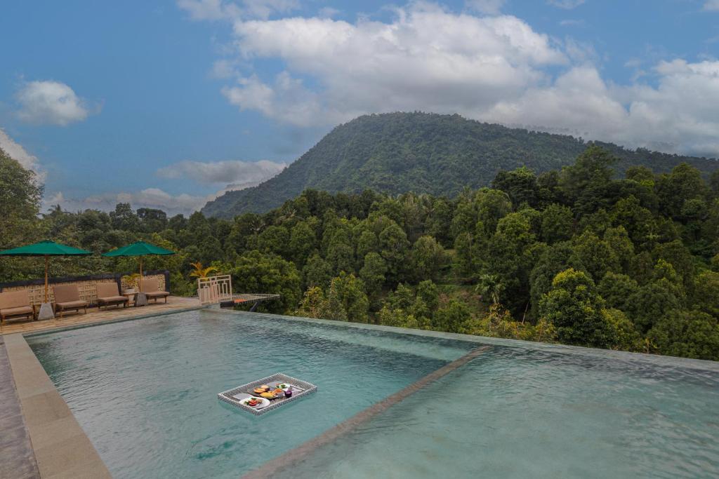 una piscina con una bandeja en el agua con una montaña en Munduk Kupang Sekumpul Villa, en Singaraja