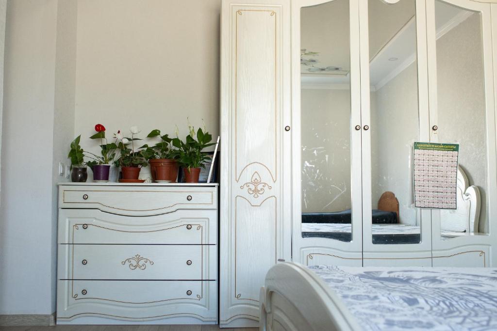 a bedroom with a white cabinet with potted plants on it at Dastans Homestay, Bed and Breakfast & Horse riding in Kyzart