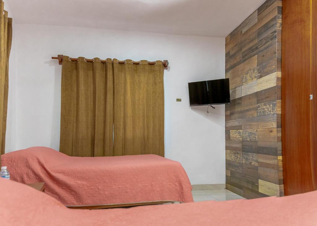 a bedroom with a bed and a tv and a curtain at Túumben Ché Departamento 3 in Valladolid
