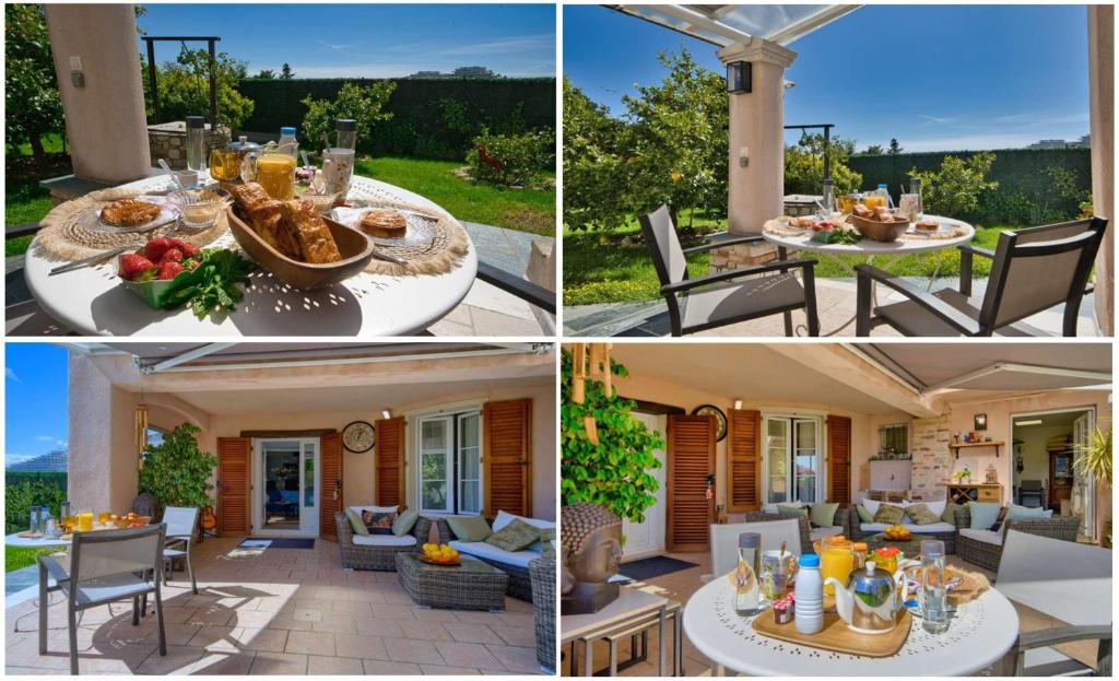 un collage de cuatro fotos de un patio con una mesa en Elégant-Cosy 2P55M2 dans bas de villa provençale !, en Villeneuve-Loubet