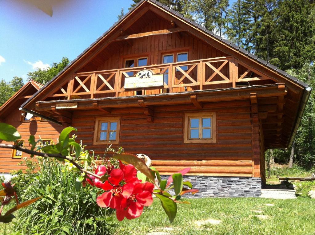 a log cabin with a red flower in front of it at Chata Devena in Valča