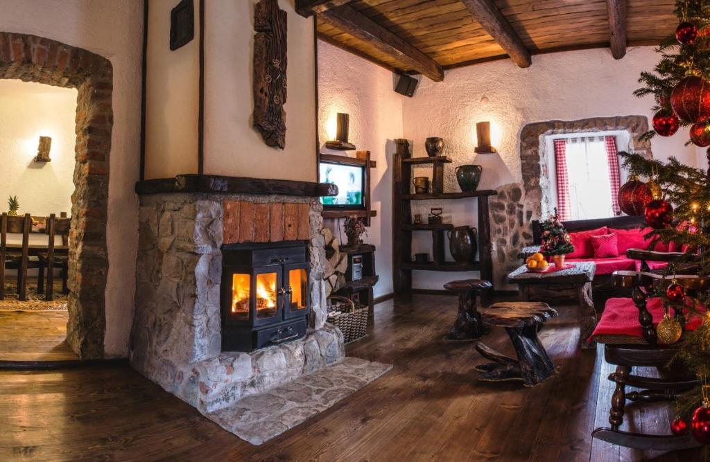 una sala de estar con chimenea de piedra en una casa en Holiday Home Gorski Lazi, en Tršće