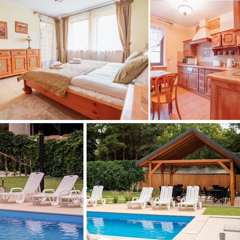 a collage of pictures of a bedroom and a house at Apartamenty Kazimierz Dolny in Kazimierz Dolny