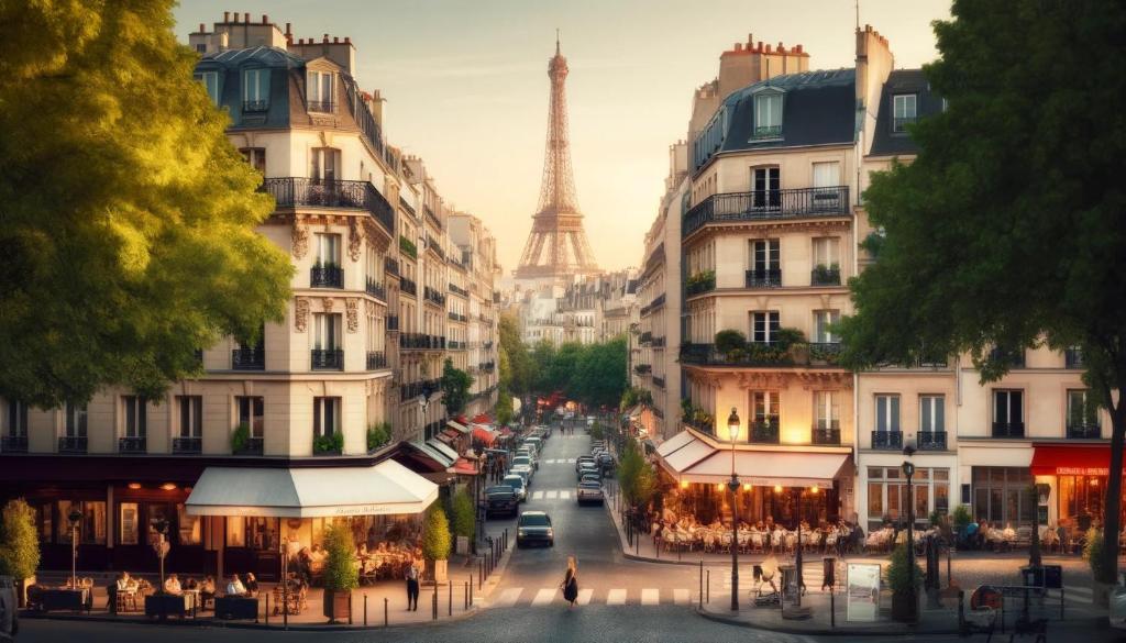 a city street with the eiffel tower in the background at Montparnasse 1BR Saint in Paris