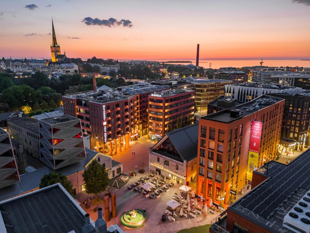 an aerial view of a city at sunset at Metropol Spa Hotel in Tallinn