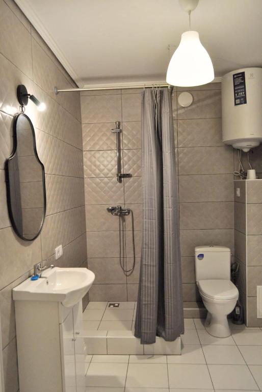 a bathroom with a shower and a sink and a toilet at Pine forest house 5 in Gauja