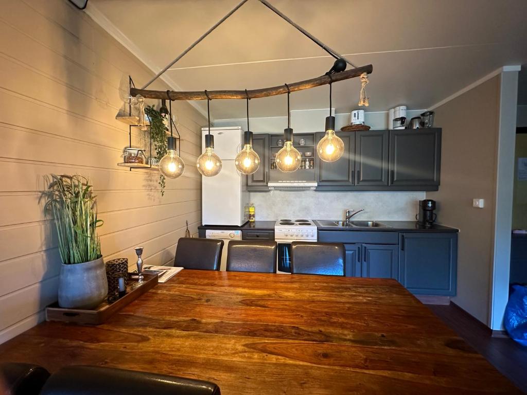een keuken met een grote houten tafel en verlichting bij Storehorn Apartments in Hemsedal