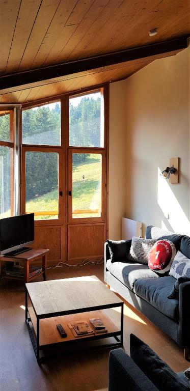 un salon avec un canapé et une table basse dans l'établissement Appartement T3 au pied des pistes Les Coches, à La Plagne Tarentaise