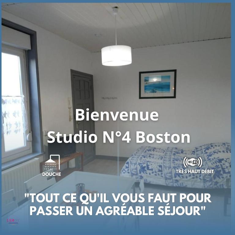 - une chambre avec un lit et une lampe pendant dans l'établissement Studio N°4 Boston Conciergerie Leroy, à Boulogne-sur-Mer