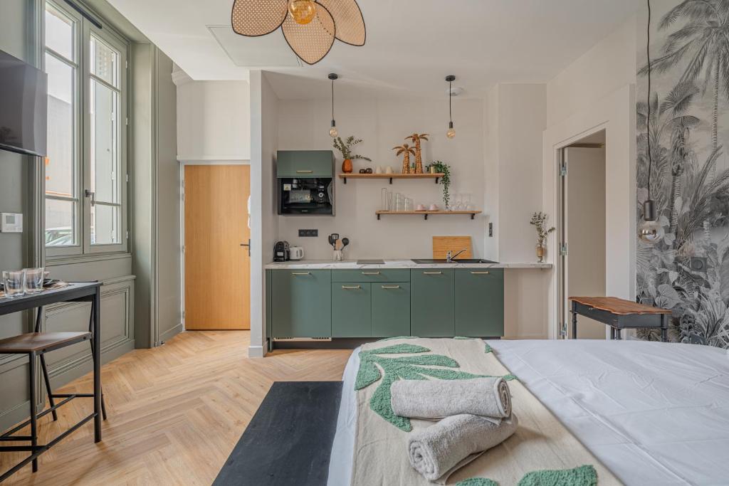 Kuchyň nebo kuchyňský kout v ubytování Le Félix Appart'Hotel, centre ville Romans-sur-Isère