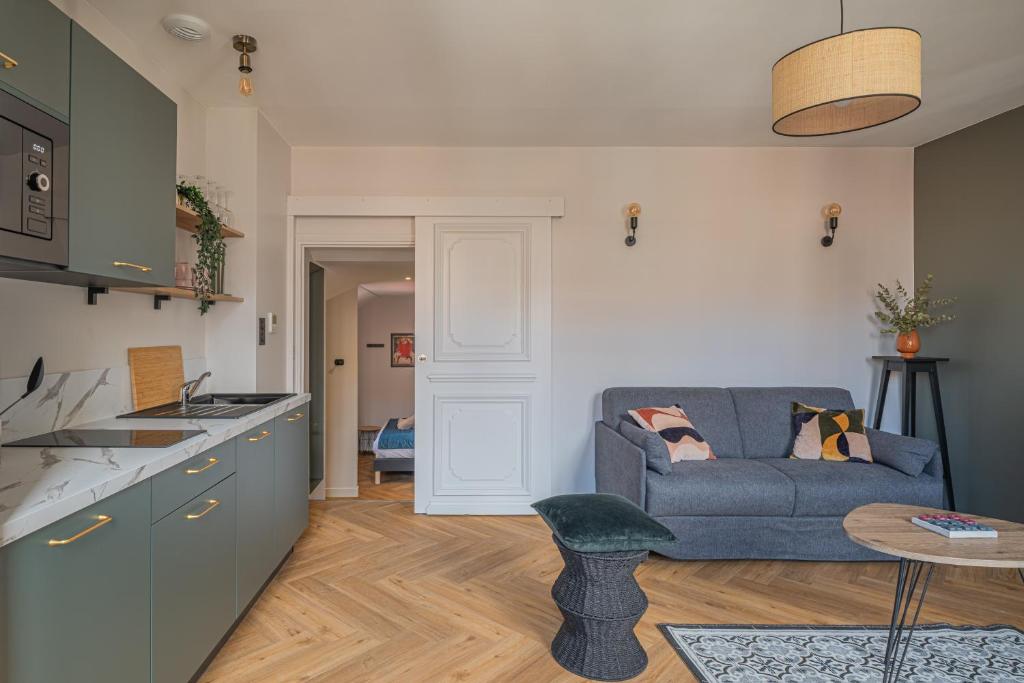 Kuchyň nebo kuchyňský kout v ubytování Le Félix Appart'Hotel, centre ville Romans-sur-Isère