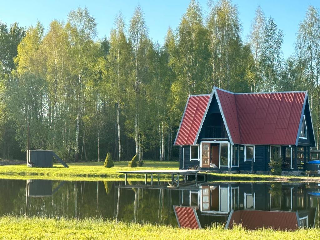 a house with a red roof next to a lake at Sodyba Anykščių raj. in Anykščiai